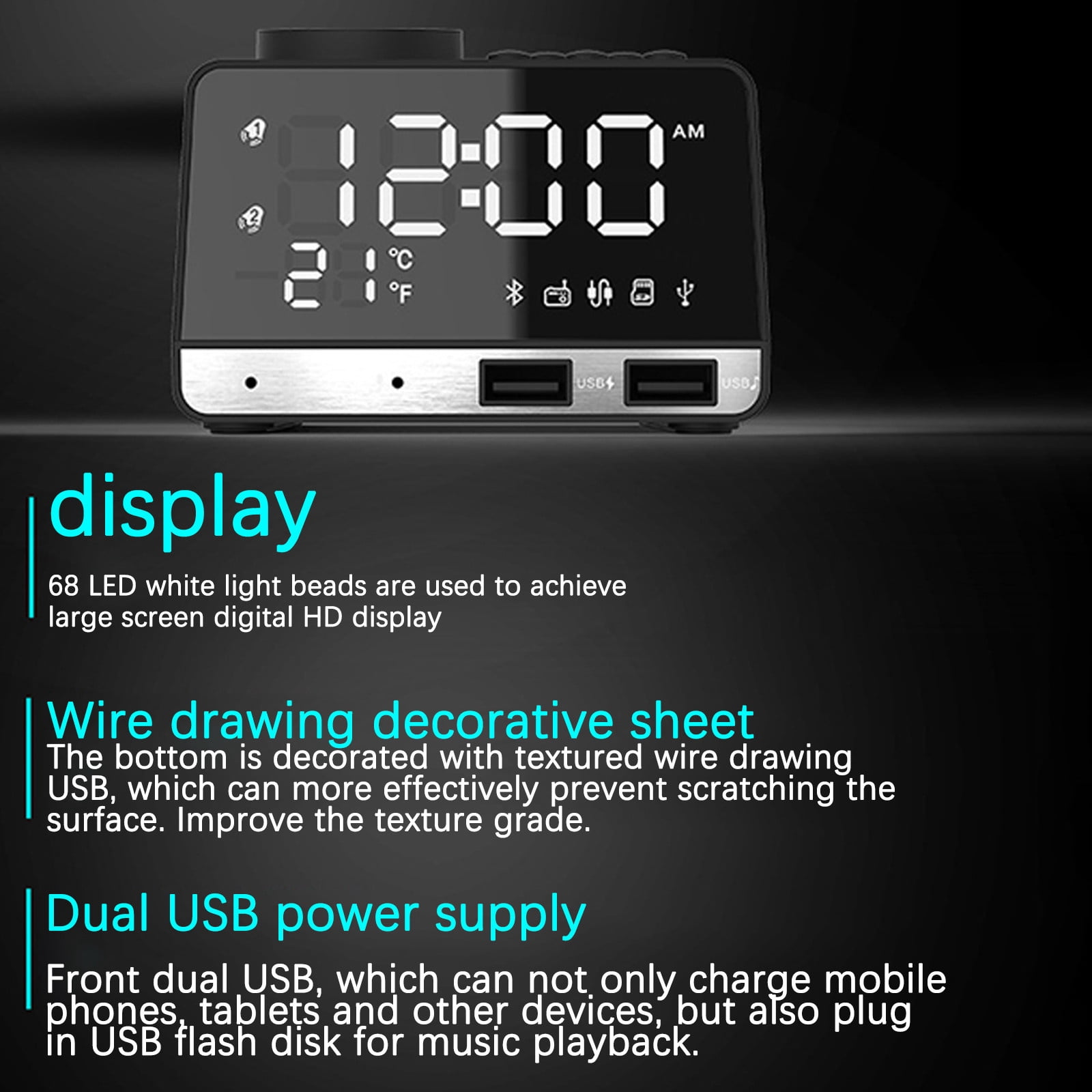 Bluetooth Speaker Alarm Clock Integrated Multi-Function Dual USB Power Supply Radio Home Bedside Card Audio-Home