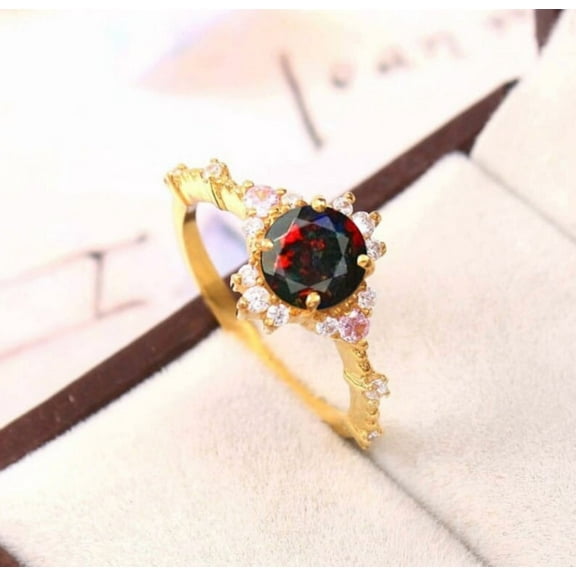 Black Opal Solitaire Engagement Ring 925 Silver Ring For Women 14K Gold Plated Opal Wedding Ring Unique Dainty Bridal Ring Anniversary Gift.