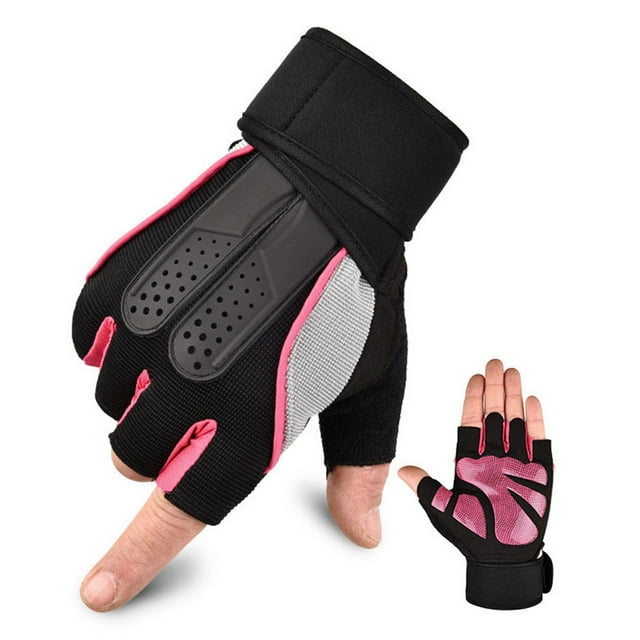 Guantes de ciclismo de medio dedo transpirables con soporte de muñeca para mujeres y hombres, guantes de bicicleta sin dedos para exteriores, fitness, equitación, color rosa, medio dedo, rosa, M