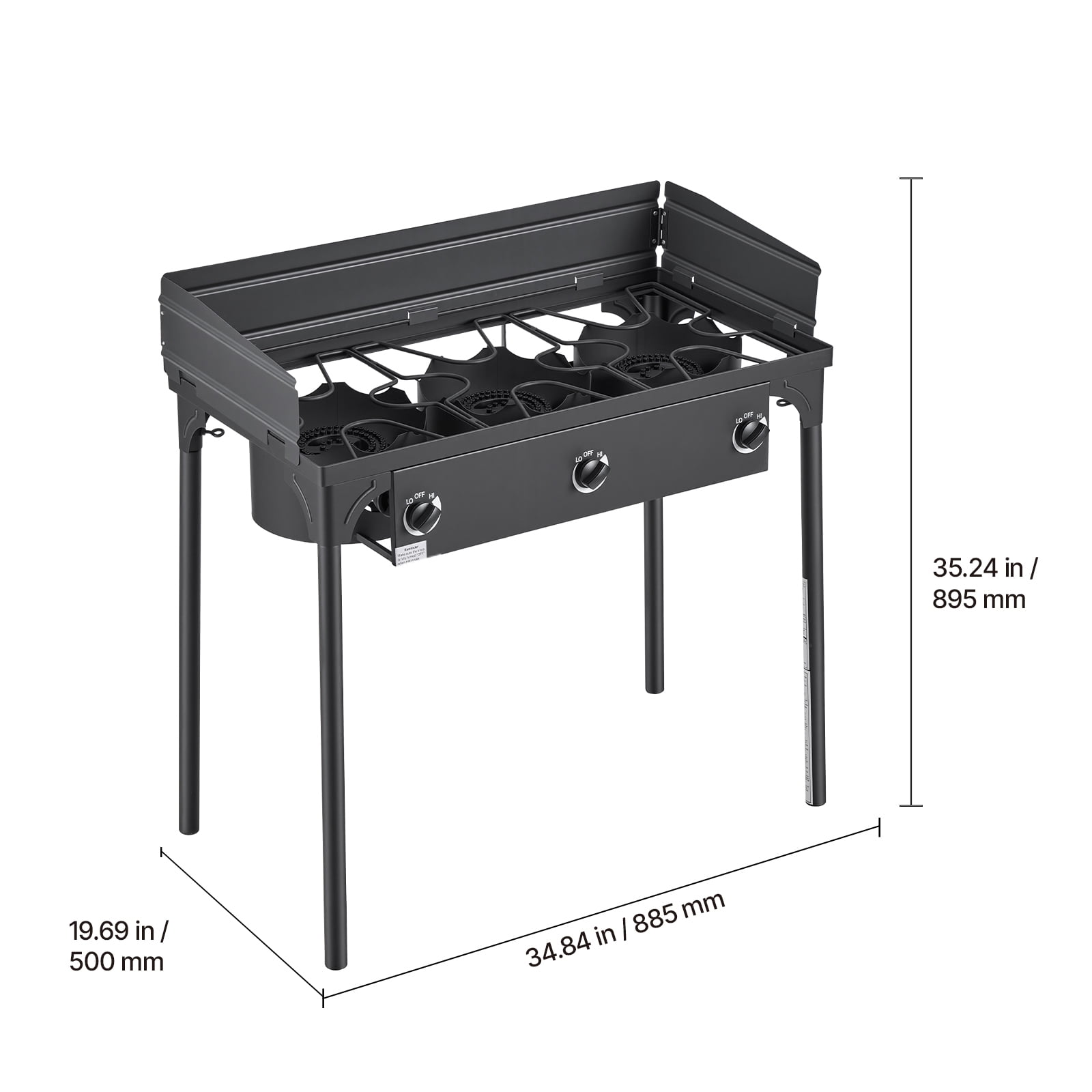 KFFKFF 3-Burner Outdoor Propane Gas Stove, 225,000 BTU LPG Camping Cooker, Durable Carbon Steel Design with Shield, Tall Stand, and Regulator, Ideal for BBQs, Camping, Patios, and Backyards