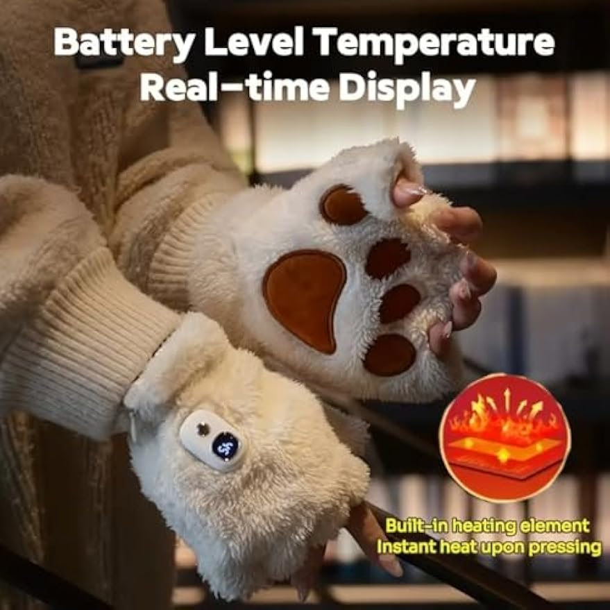 Heated Gloves for Women Rechargeable Cat Paw  – USB Electric Hand Warmers with 3 Heat Levels, Washable Half-Finger Cute Cat Claw Mittens for Office, Study & Gifts