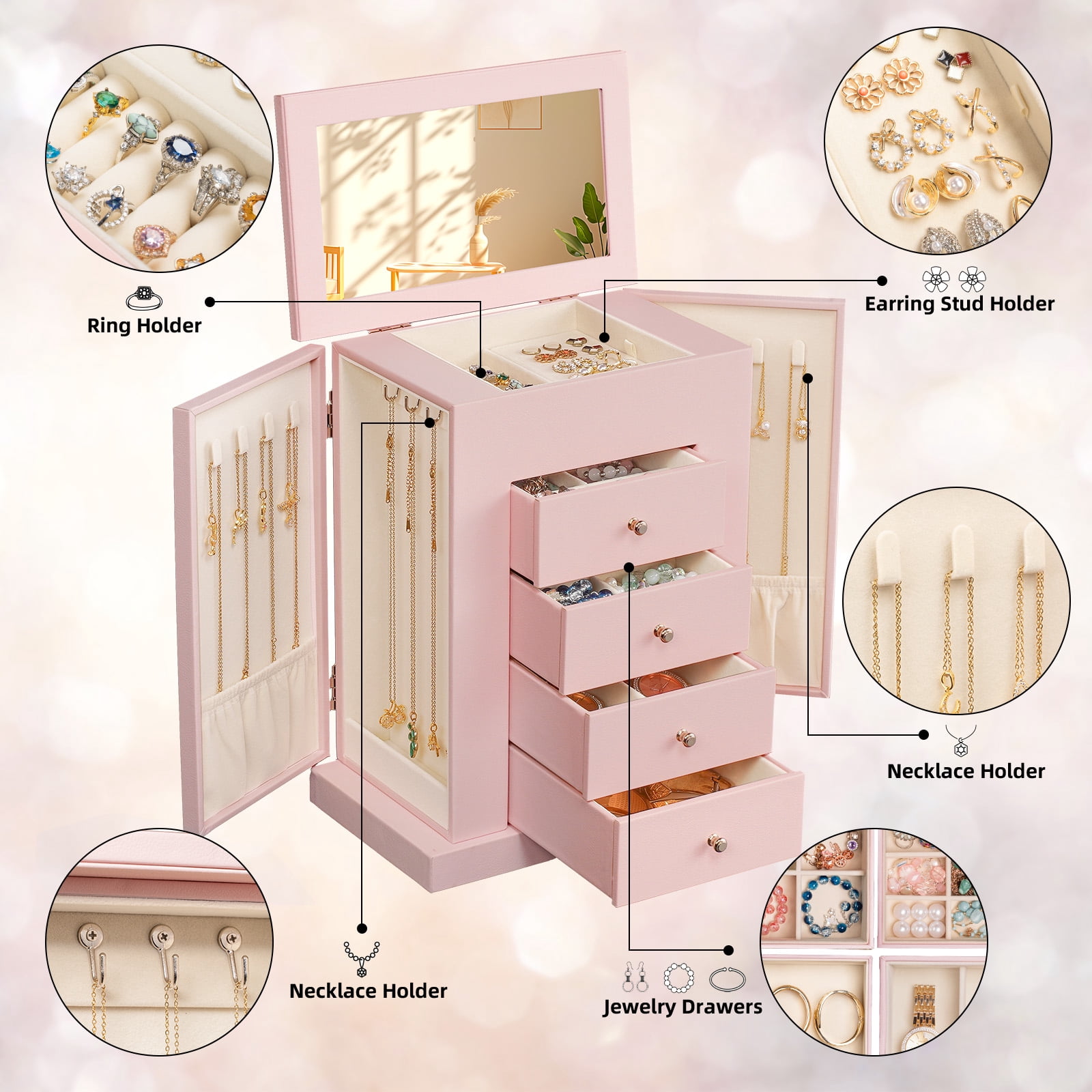 Leather Jewelry Box for Women, 5 Layer Large  Jewelry Organizers Box for Necklaces Earrings Rings Bracelets, Organizer with Drawers and Mirror, Pink