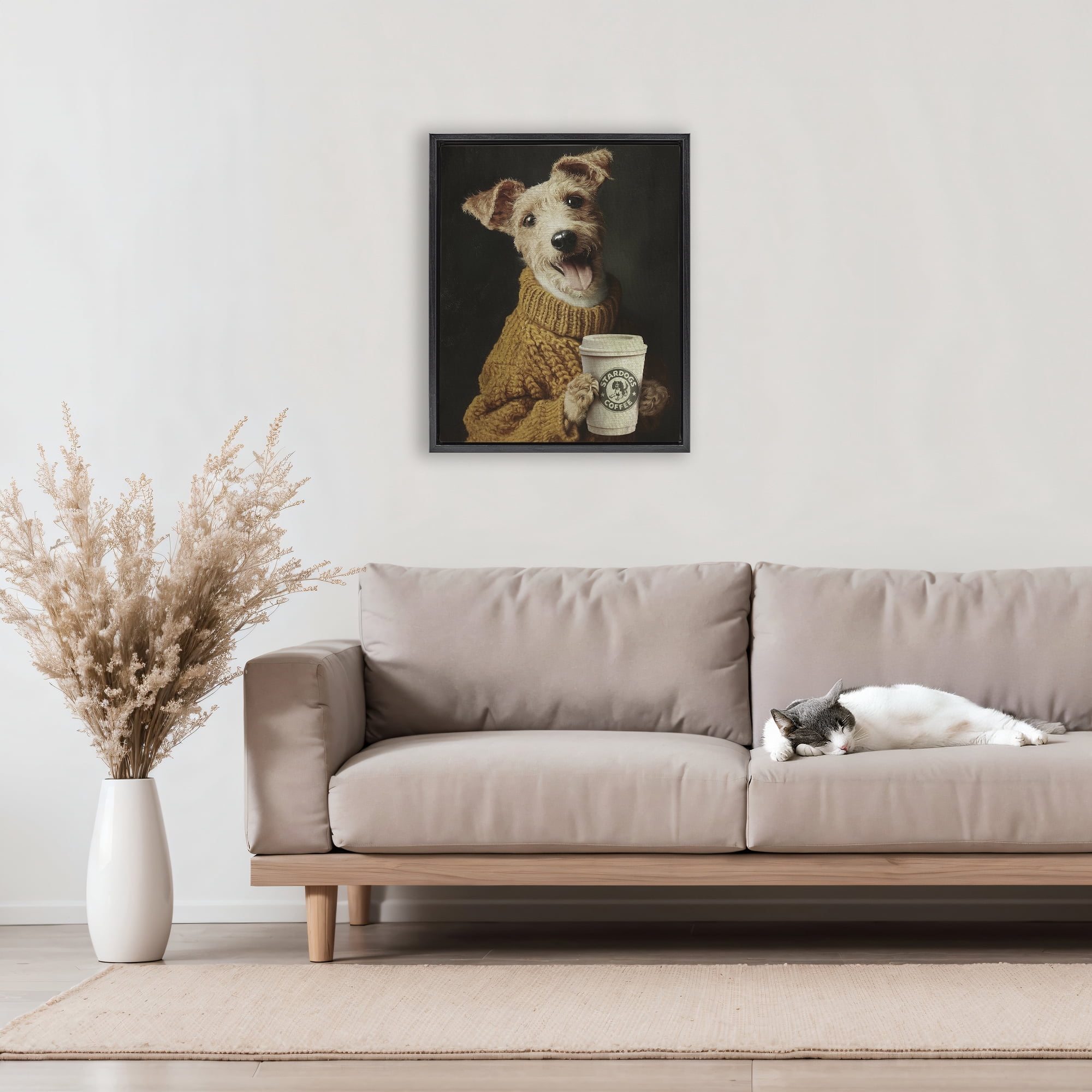 Stupell Industries Latte Lover Dog in Sweater Black Framed Floater Canvas Wall Art, design by Svetlana Aleynikova