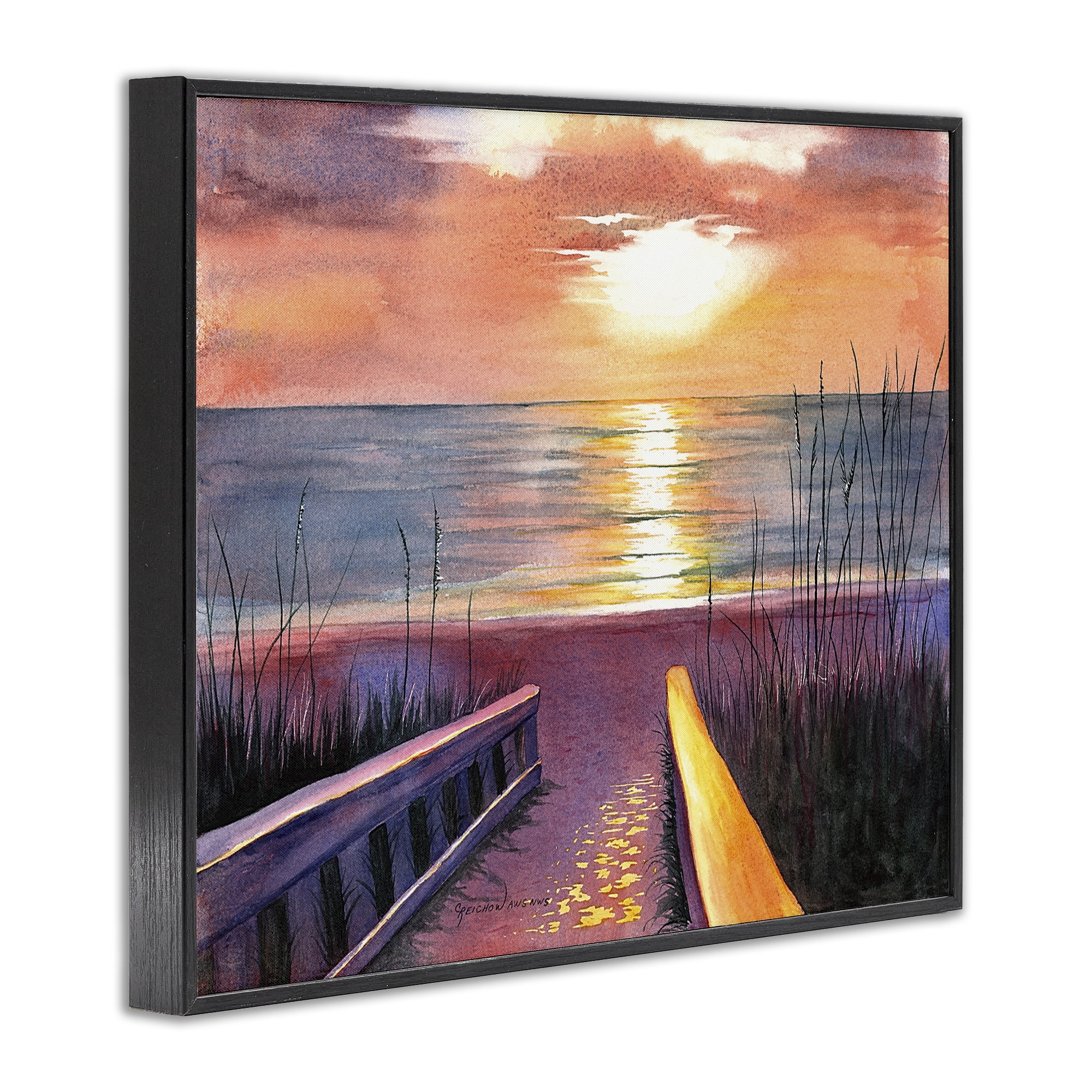 Stupell Industries Sea Sunset Reflection Landscape Painting Black Framed Art Print Wall Art, 14 x 11