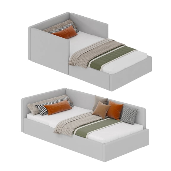 Twin Upholstered Daybed Frame with Corner Headboard and Guardrails – Wooden Slats, Space Saving for Bedroom or Living Room – Easy Assembly – Creamy White