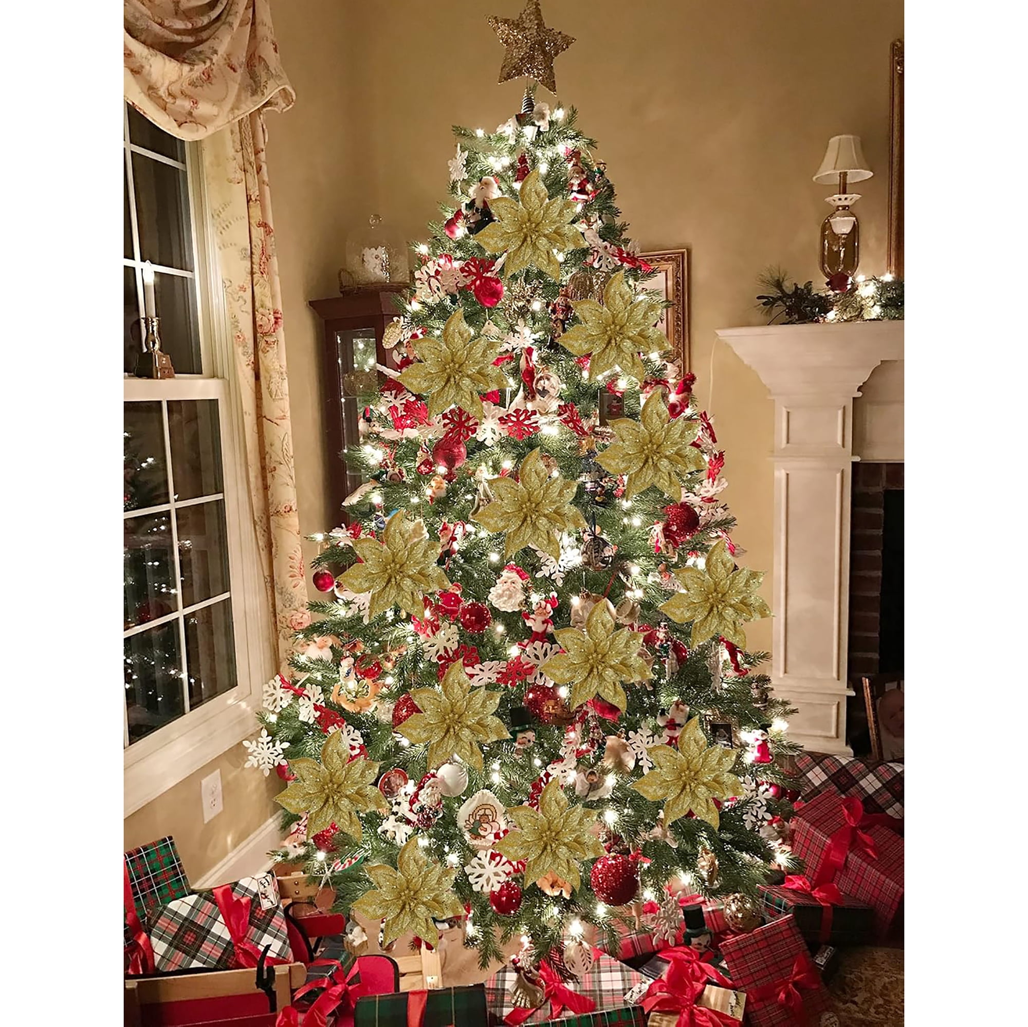 Briful 9'' Christmas Poinsettia Flowers 8PCS Glitter Artificial Flowers Large Christmas Ornament Flowers for Xmas Tree Wreath Garland Decoration Gold