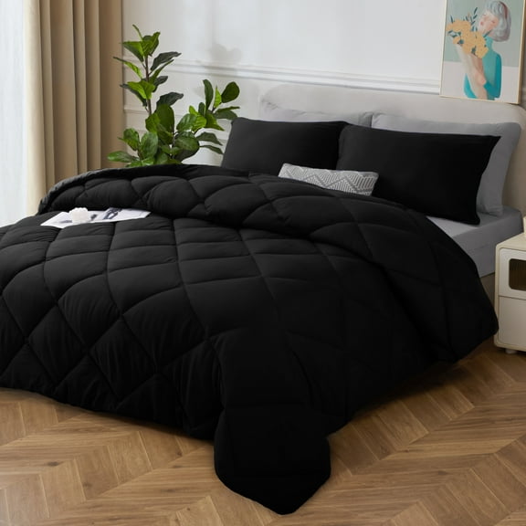HIG 7 Piece Reversible Queen Comforter Set - Black Quilted Down Alternative Bedding All Season Super Soft Microfiber Bed in a Bag Includes Sheets Pillowcases Shams