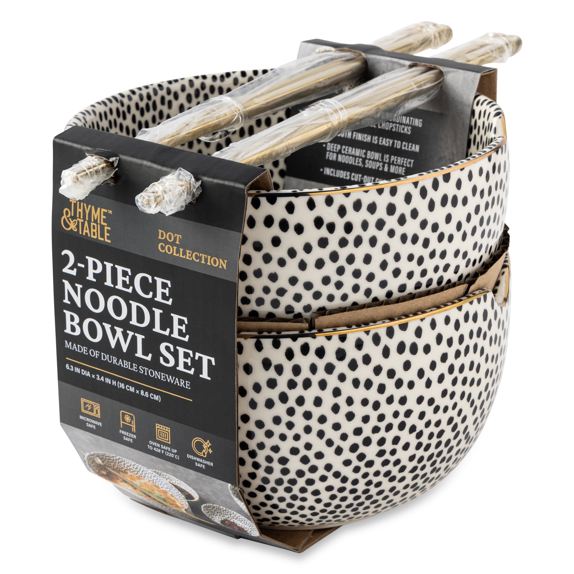 Thyme & Table Dot Collection, 2 Pack Ramen Bowl Set with Chopsticks
