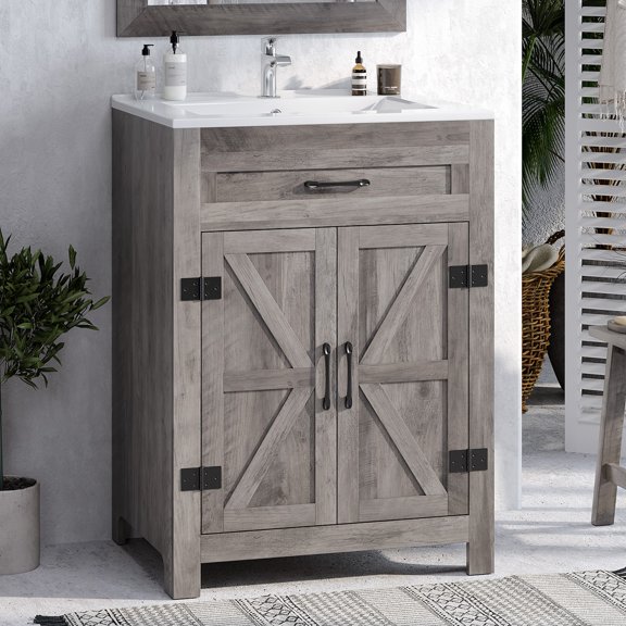 Ktaxon Farmhouse 24'' Bathroom Vanity Cabinet without Sink Ceramic Top, Washed Grey (Only Cabinet)