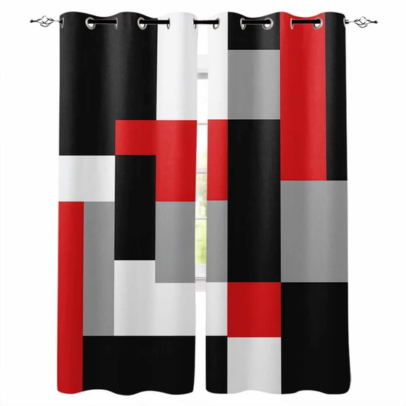 Fsddascl Red Black Grey Geometric Blackout Curtains for Bedroom/Living Room, Thermal Insulated Kitchen Curtains, Modern Abstract Art Luxury Grommet Darkening Window Treatment Drapes 52"x63"x2