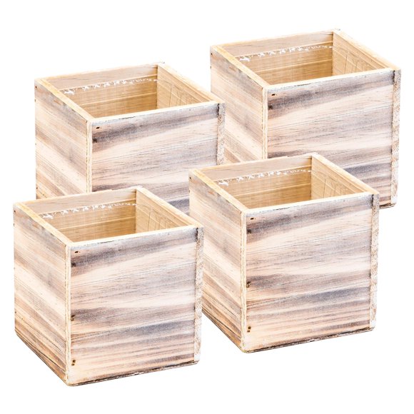 CBT Floral & Craft Jardinière en Bois, 5 Pouces Carrée, Rustique Blanchie, Doublure en Plastique, Centre de Table de Jardin, Support de Fleurs de Mariage, Décoration Maison et Lieu, (Ensemble de 4) (Blanc Lavé)
