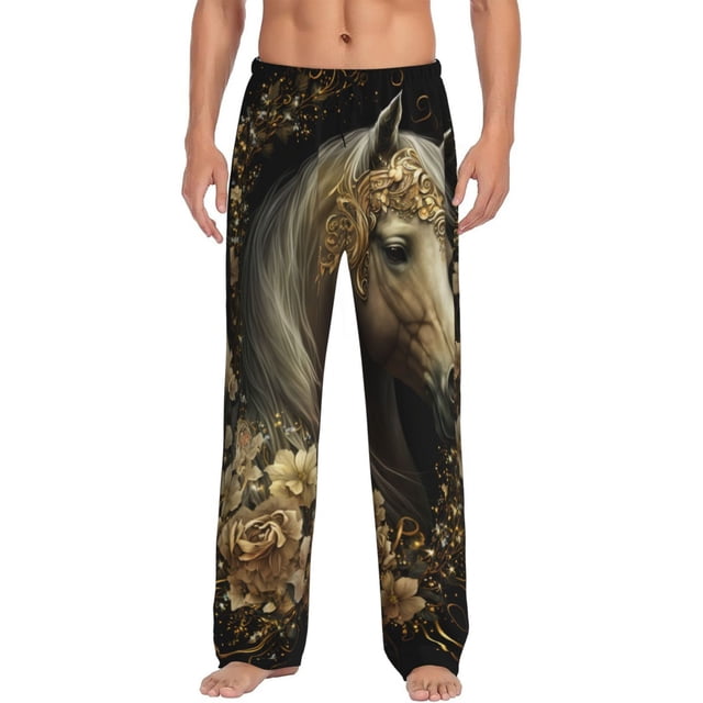 Fotbe Palatial Gold Pattern Horse Men's Classic Pajama Pants with Elastic Waist and Drawstring Pockets,Pajama Pants Mens Lounge Pants Super Soft-3X-Large
