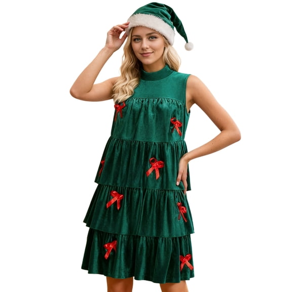 DHFJKG Christmas Dresses For Women Bowknot Appliques Sleeveless Crew High Neck Tiered Mini Dress With Hat 2PCS Santa Party Wear Holiday Outfit