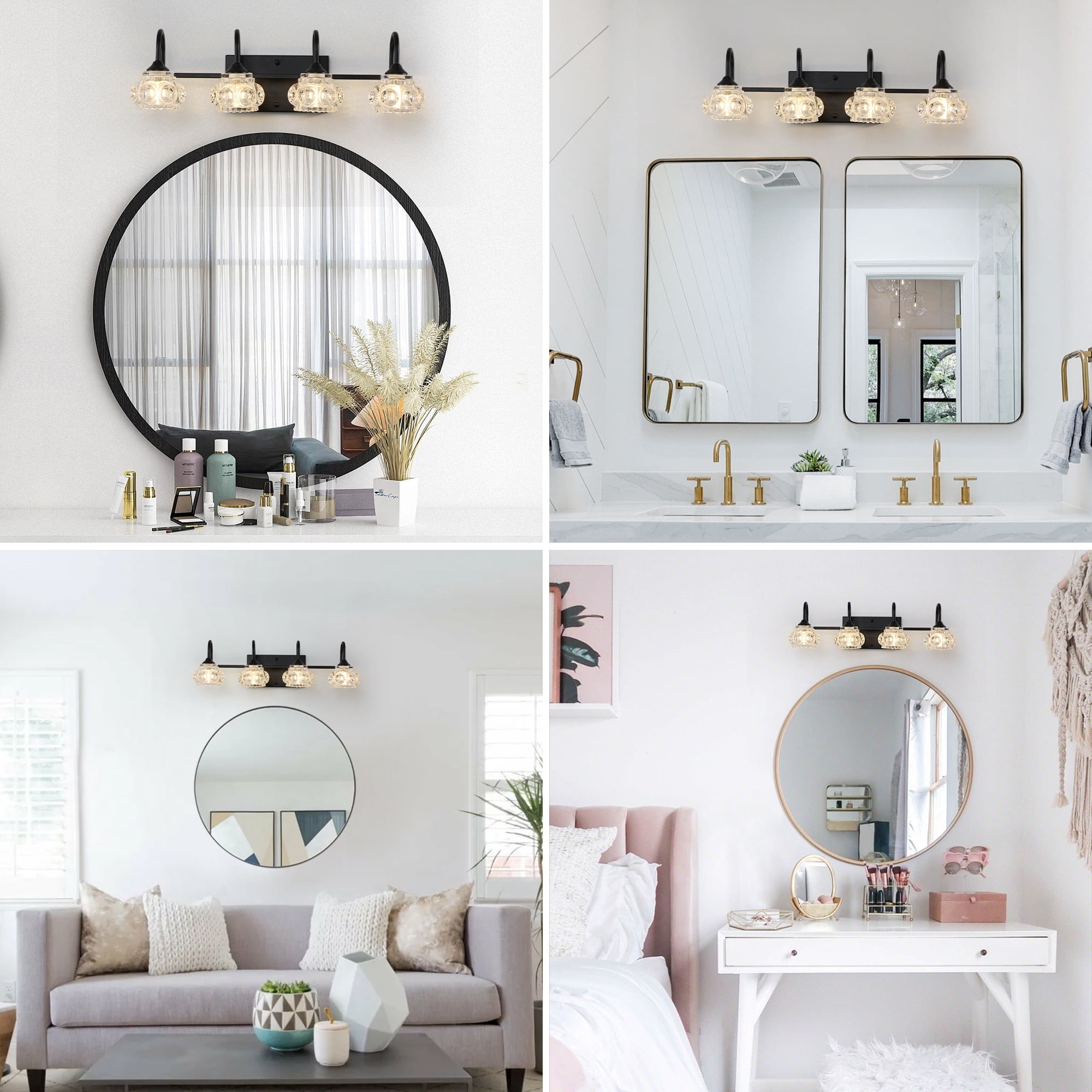 Miniyam Hard-Wired Vanity Light, 4-Light Bathroom Wall Sconce with Crystal Glass Shades, G9 Base, Black