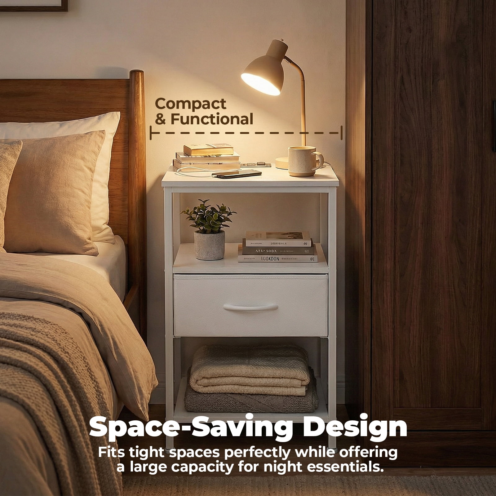 Alvantar Bedside Table Charging Station Nightstand with USB/C Ports, Adjustable Drawers, 3-Tier Storage Shelf