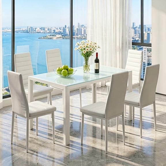 Dining Table Set for 6, Lofka Kitchen Table and Chairs with High Back Soft PU Chairs & Glass Dining Table for Home, Apartment, Modern White