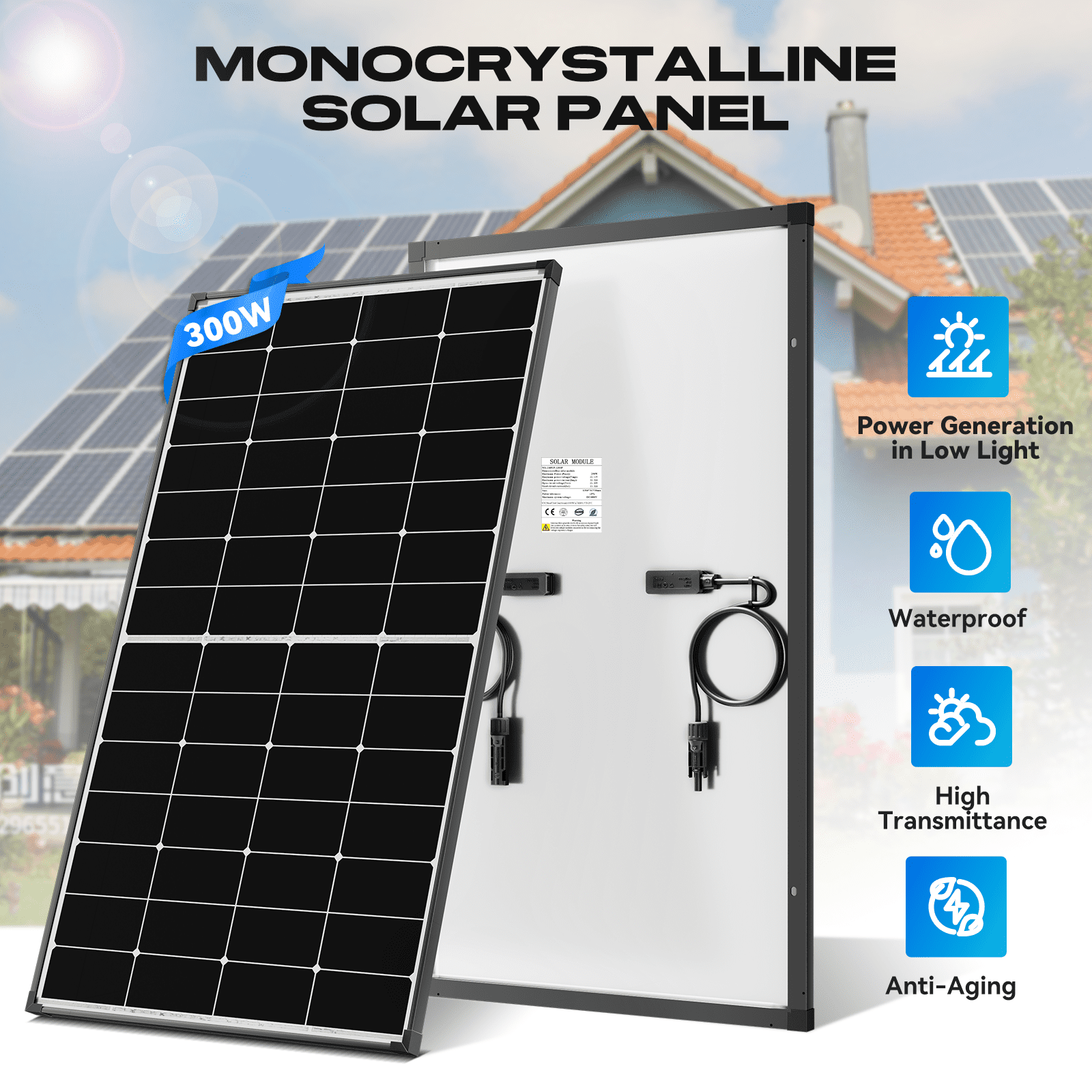 300W 12V Mono Solar Panel 25.2% Efficiency RV Home OnOff Grid Caravan Boat Power