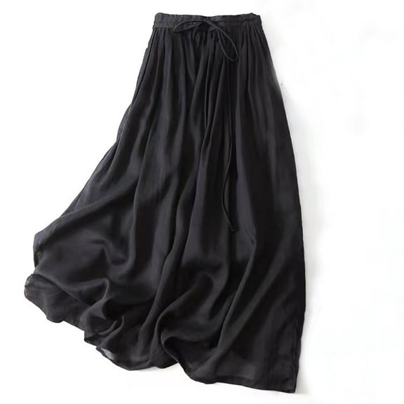 Aueoeo Women's Cotton Linen Skirts High Elastic Waist Midi Skirt Casual Summer Trendy Tie Front Flowy Ruffle Solid Color A line Skirts