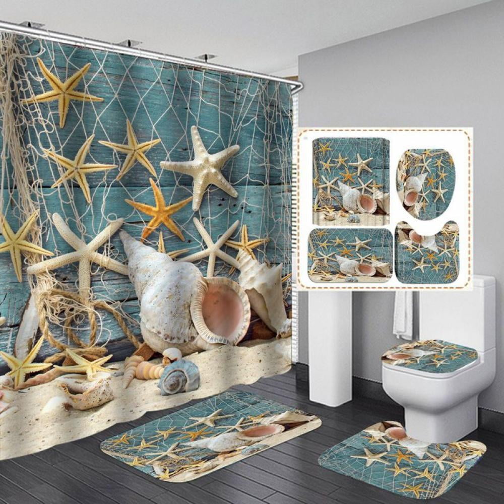No-fade Beach Starfish Shower Curtain Shell Bathroom Decor Bath Mat Pad Carpet 