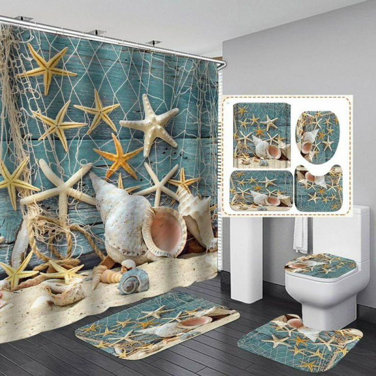 4 Pcs Ocean Sandy beach Shower Curtain Sets with Non-Slip Rugs, Toilet Lid  Cover and Bath Mat, Colorful Starfish Curtain with 12 Hooks 
