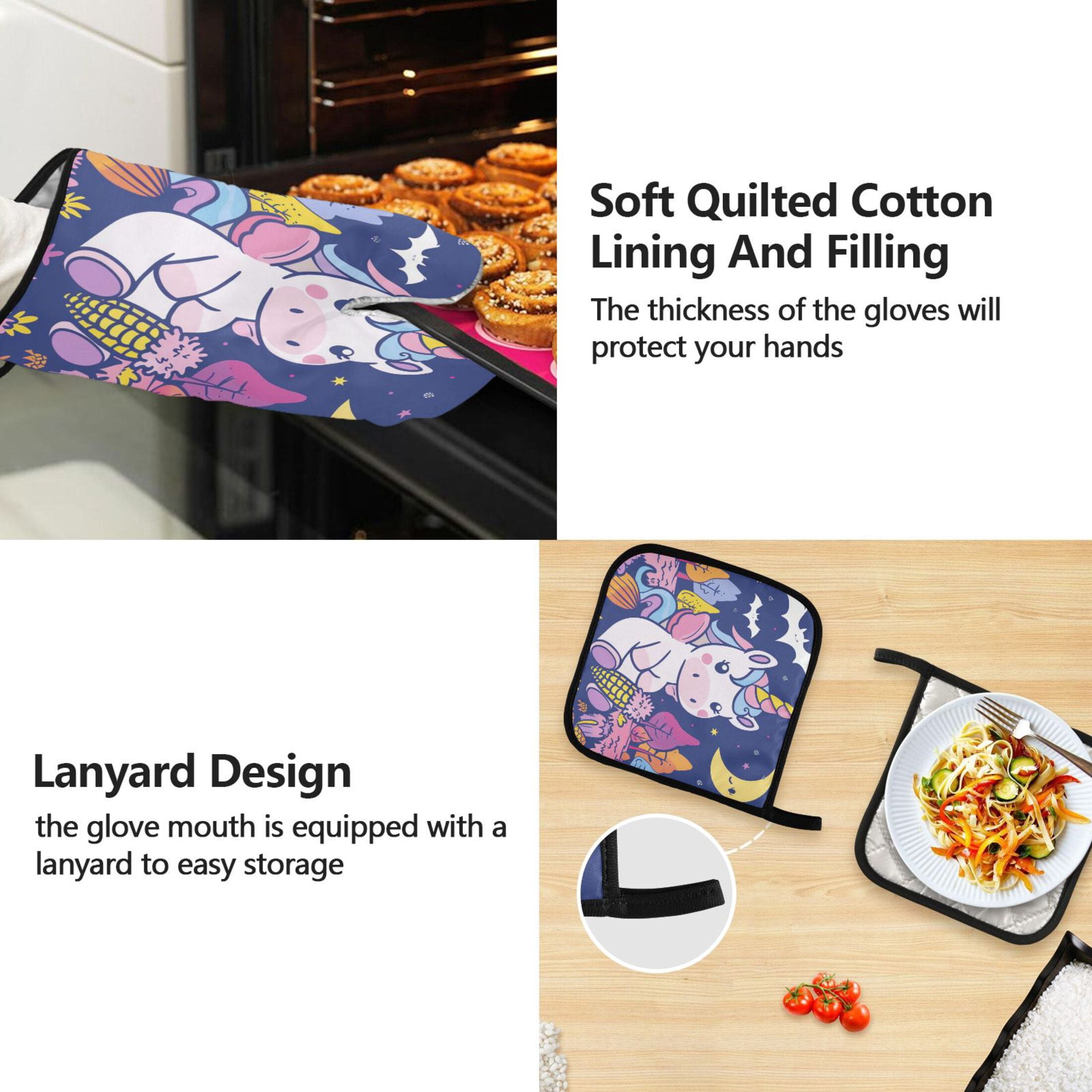 Cartoon Unicorn Moon Corn 5 Pcs Kitchen Set Heat Resistant Oven Mitts and Non-Slip Pot Holders with Adjustable Cooking Apron