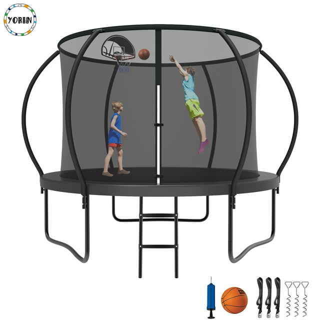 YORIN Trampoline pour 2-3 Enfants, Trampoline de 8 Pi pour Adultes avec Filet d'Enceinte, Panier de Basketball, Échelle, Capacité de Poids de 800 Lb, Trampoline Récréatif Extérieur, Trampoline Robuste