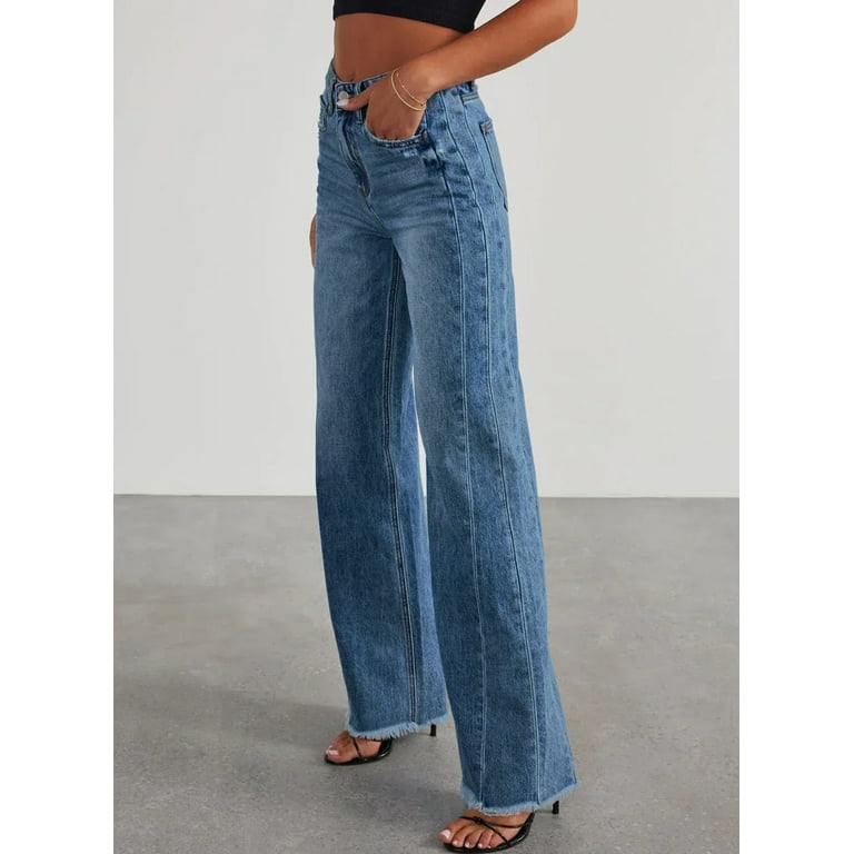 Lovskoo 2024 Women's Wide Leg Baggy Ripped Jeans Big Holes