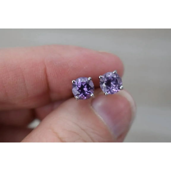 2CT Round Solitaire Amethyst Stud Earrings for Women, 14K White Gold Plated 925 Sterling Silver, Push Back Classic Jewelry Gift