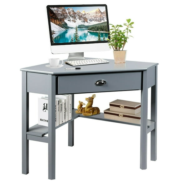 Gymax Corner Computer Desk Laptop Writing Table Workstation W/ Drawer & Shelves Gray