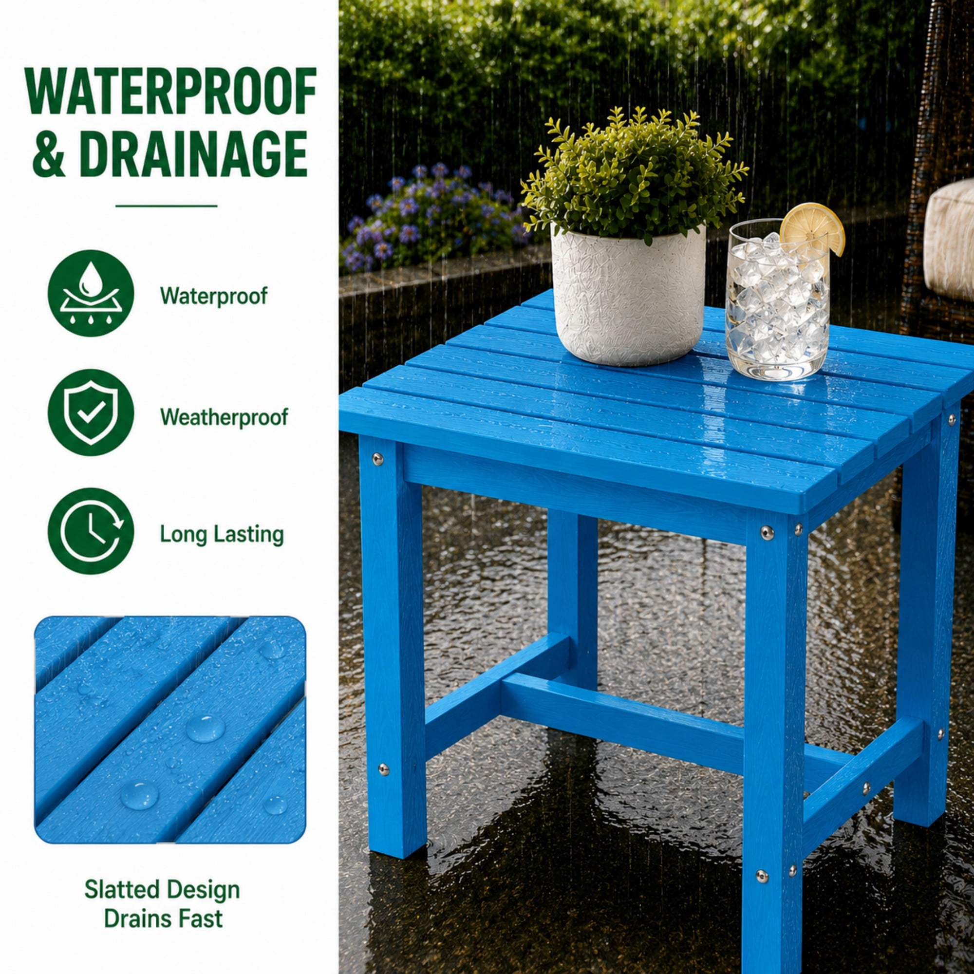 Y&M Outdoor Side Table, HDPE Patio End Table for Adirondack Chair, Weather Resistant Small Accent Table, Bright Blue, Single Layer