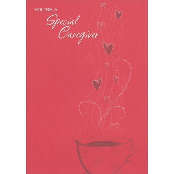 Designer Greetings Simple Mug Drawing: Sparkling Swirls of Steam and Hearts on Red Valentine's Day Card for Caregiver