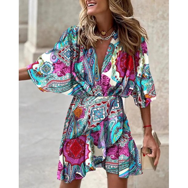 Autumn Summer Ruffled Dress Women Fashion Print Bat Sleeve V-neck Ruffled Mini Dress WomenL Gao Jinjia LED