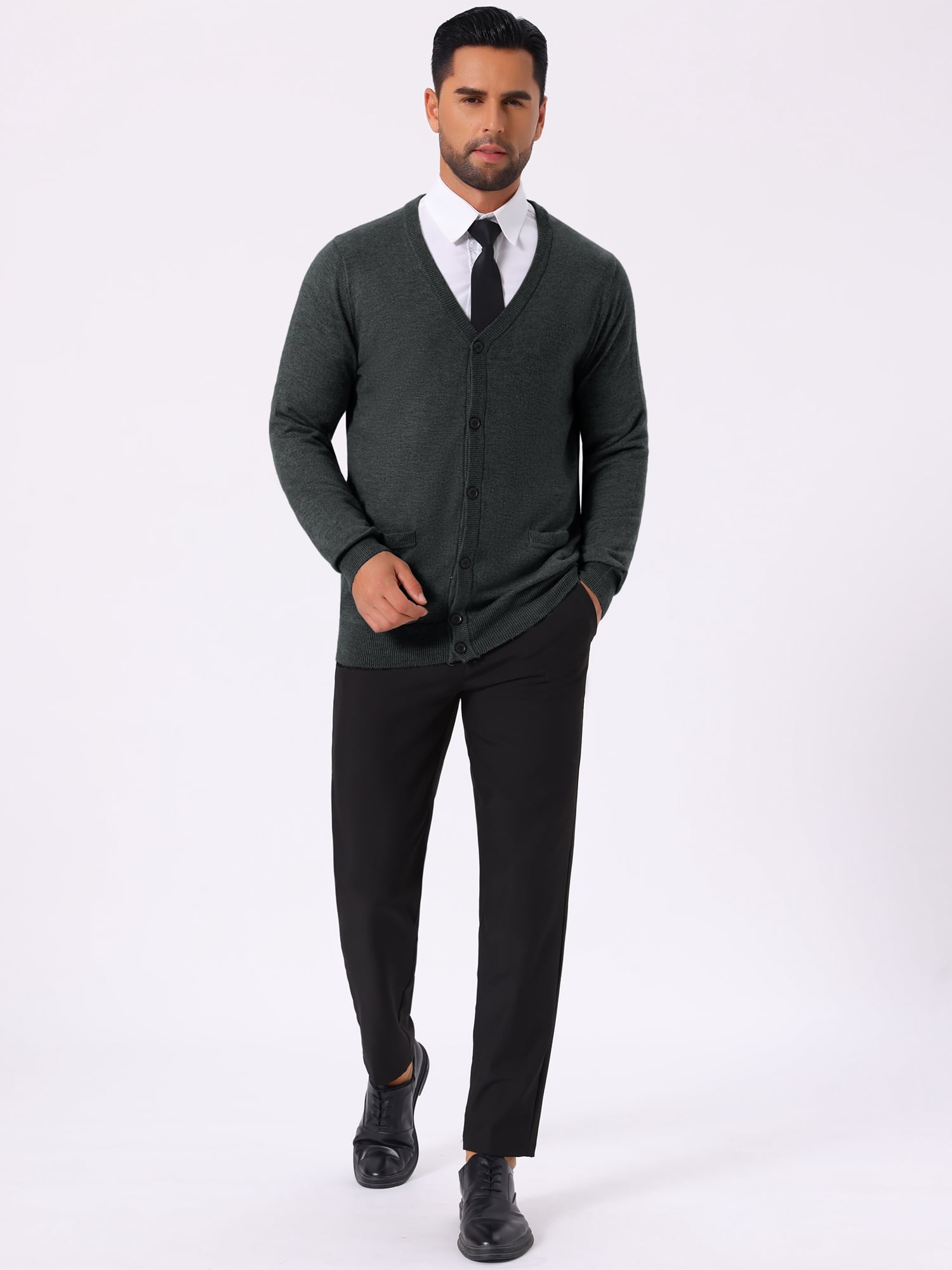 DARING DIVA Men's V Neck Long Sleeved Button Down Knit Sweater with Pockets L Dark Gray