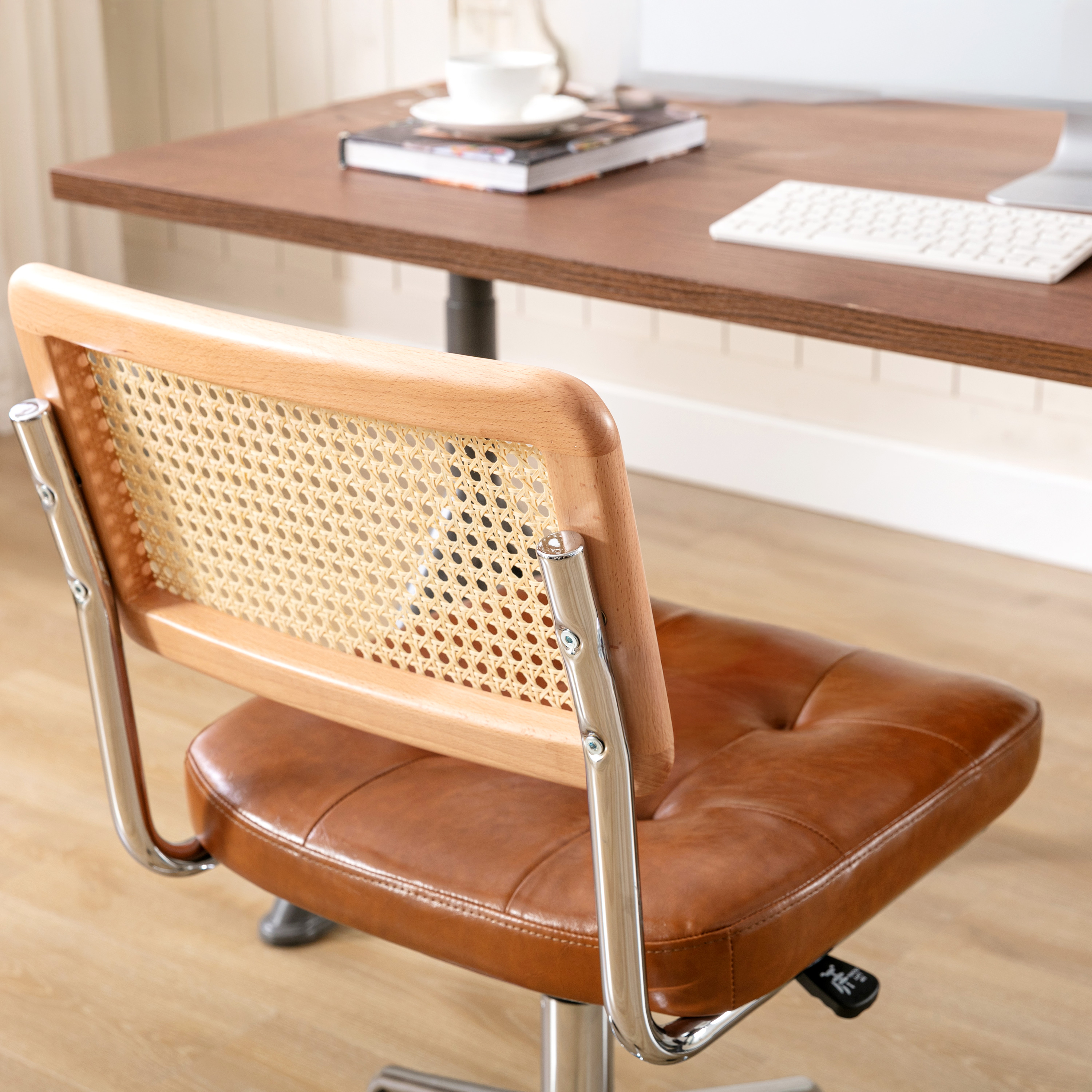 ONEVOG Tufted Leather Desk Chair, Swivel Home Office Chair with Rattan Back, Upholstered Armless Vanity Chair, Adjustable Height Computer Task Chair, Brown