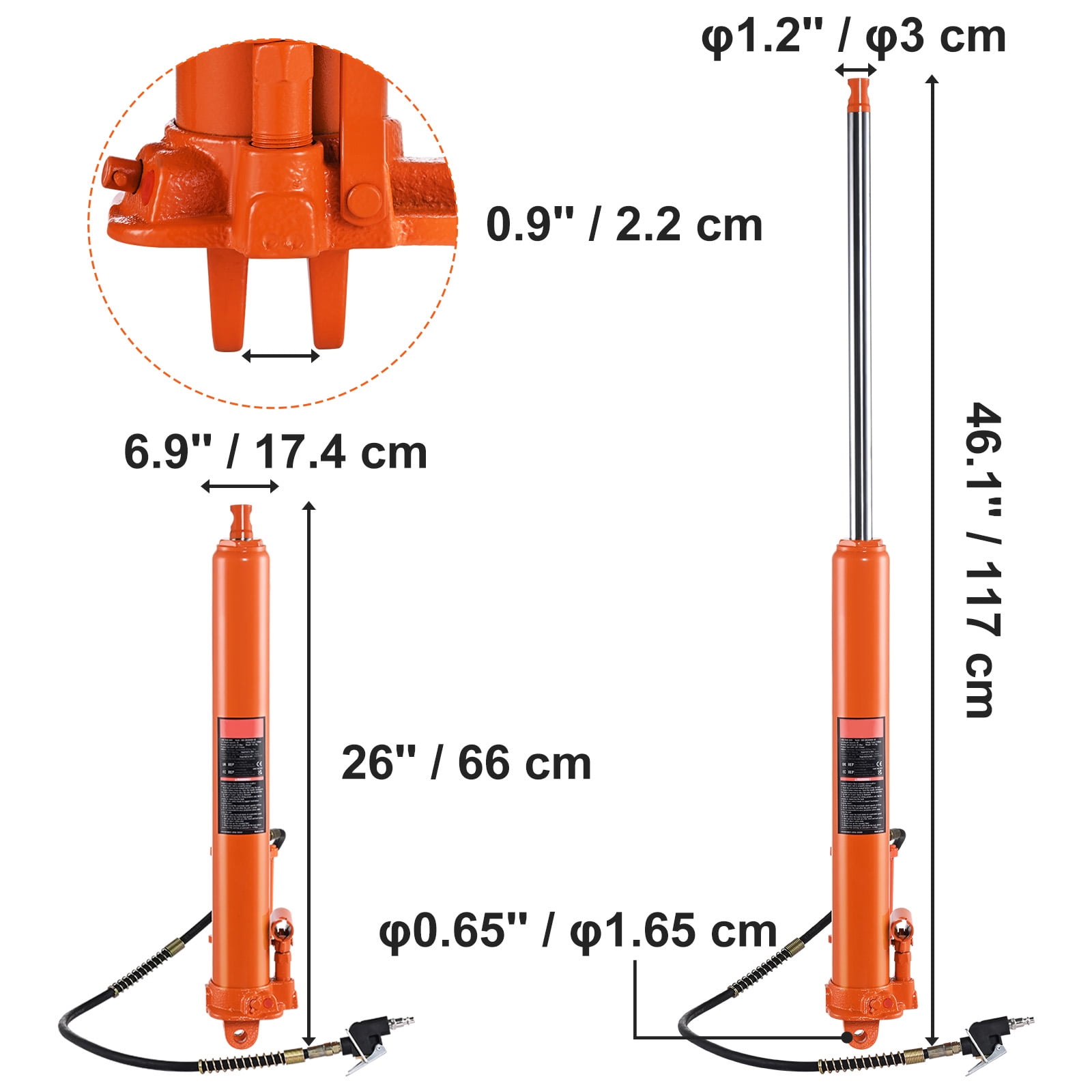 KFFKFF Hydraulic Long Ram Jack, 8-Ton Capacity with Air and Single Piston Pump, Ram Cylinder with Clevis Base for Engine Lifts, Garage Cranes, and Farm Use
