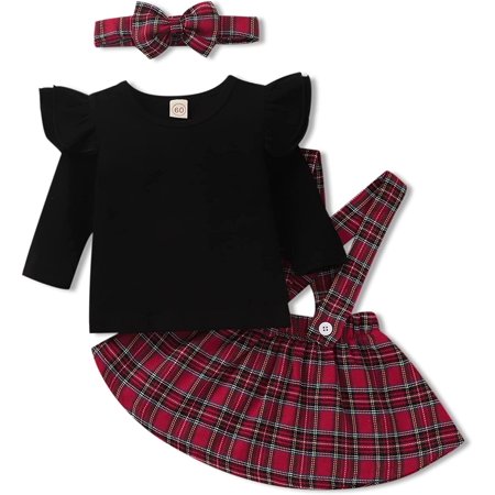 

Toddler Infant Baby Girls Christmas Outfits Buffalo Plaid Suspender Skirt Xmas Clothes Set
