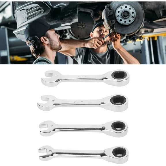 4-Piece Stubby Ratchet Wrench, Metric 72 Teeth Box Combination Ended Standard Kit for Repair, 8mm, 9mm, 11mm, 12mm, Tool Steel, Antirust, Suitable for Mechanical, Auto Repair