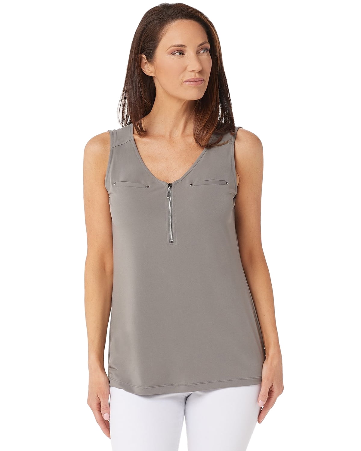 Susan Graver Susan Graver Womens Liquid Knit Sleeveless Half Zip Top