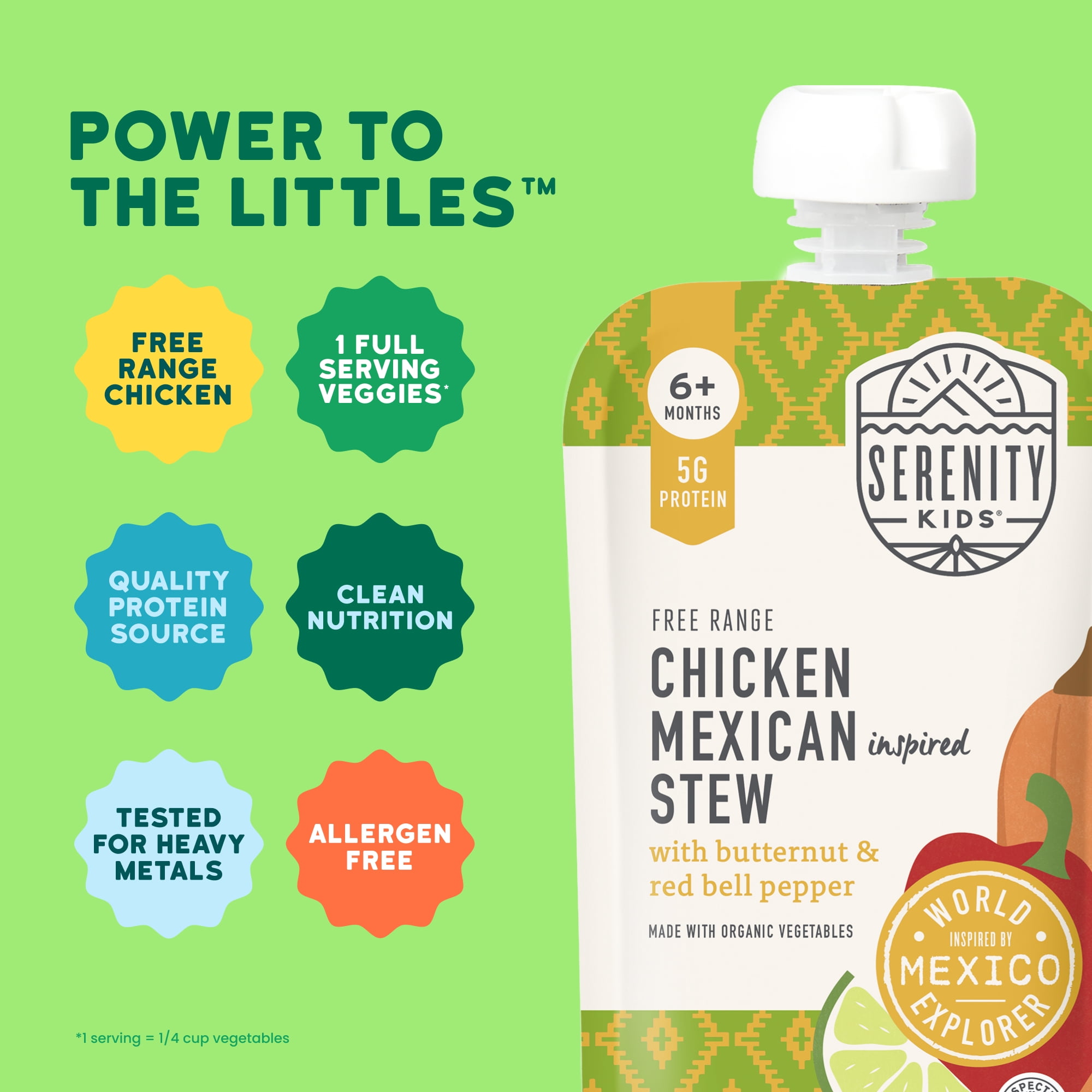 (6 pack) Serenity Kids Free Range Chicken Mexican Inspired Stew Stage 2 Baby Food, Organic Veggies & Spices, 3.5oz Pouch