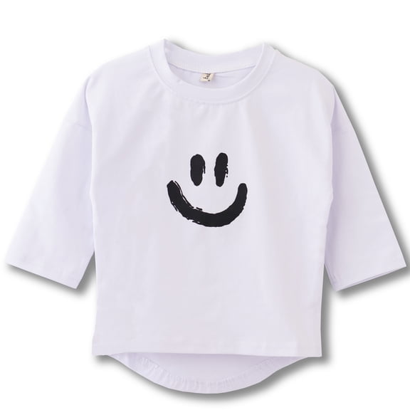 Baby Girls Boys Toddler Unisex Smile Face Drop Shoulder 3/4 Long Sleeve Cotton Top Tee Shirts Clothing Outfit White 18-24 Months