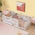 thumbnail image 1 of Cama de piso de tamaño doble con barandillas de valla alta, con puerta, cama de madera de goma con barandillas de seguridad, 1 of 5