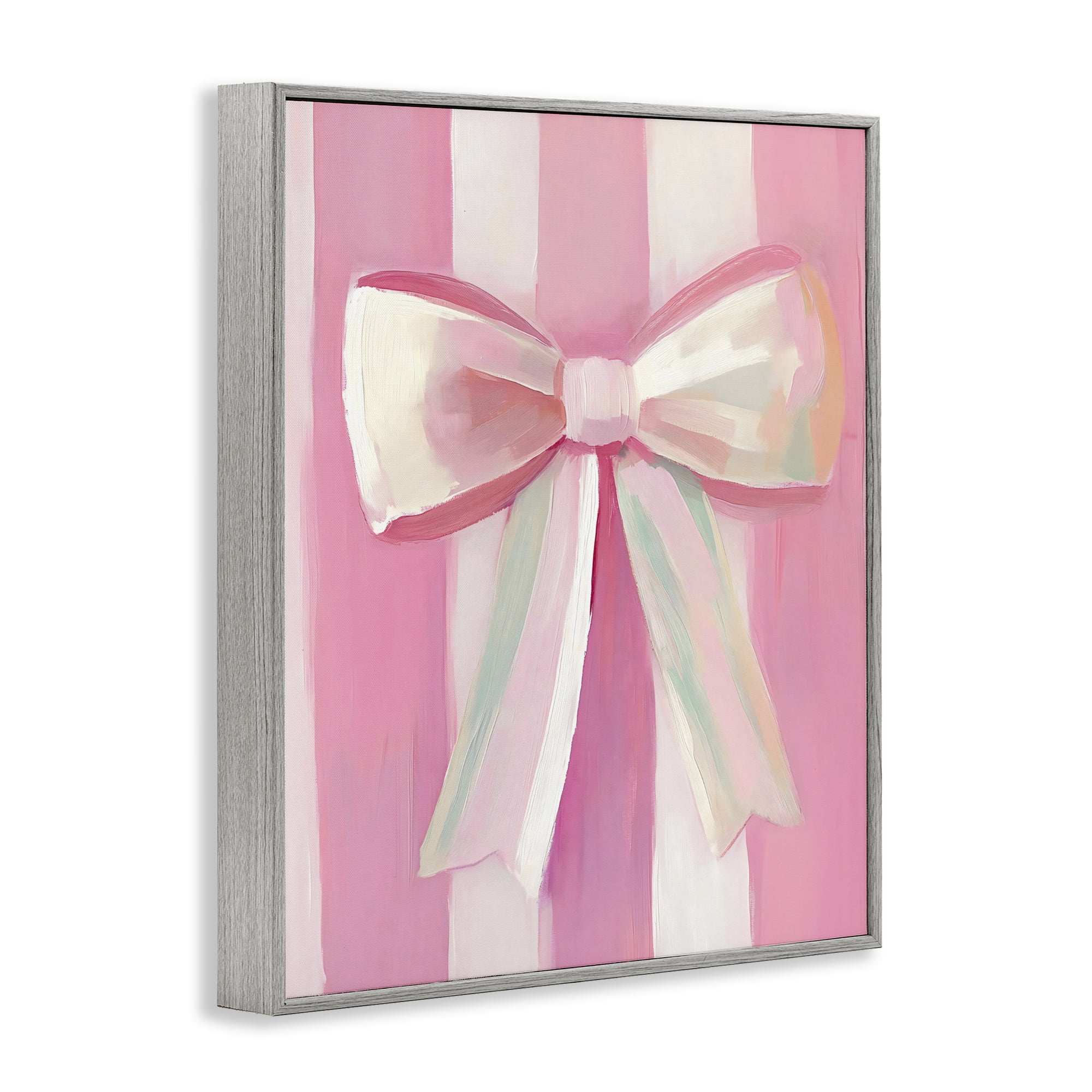 Stupell Industries Preppy Pink Bow on Stripes Gray Framed Giclee Art, design by The Prints Vibe