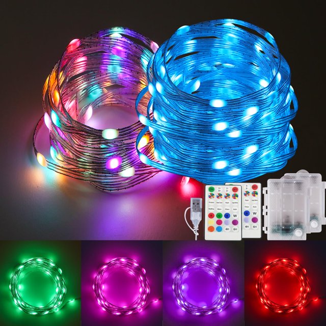 Guirnalda de luces LED que cambian de color, 16.4 pies, paquete de 2