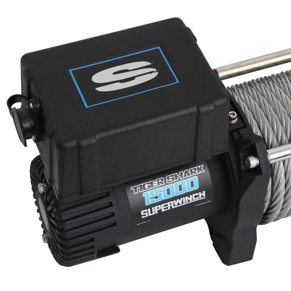 Superwh Winch 1515000 Tiger Shark; Vehicle Mounted; Vehicle Recovery; 12 Volt Electric; 15000 Pound Line Pull Capacity; 82 Foot Wire Rope; Roller Fairlead; 30 Foot Handheld Wired Remote