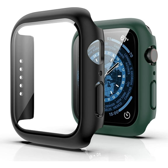 2 Pack Case for Apple Watch Series 7 41mm with Tempered Glass Screen Protector, ePacks Full Hard Ultra-Thin Scratch Resistant Bumper Protective Cover for iWatch S7 41mm Accessories(Green, Black)