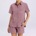 thumbnail image 5 of Shorts Sets Women 2 Piece Outfits Linen Button Down Shirt And Casual Shorts Sets Summer Travel Vacation Beach Matching,Pink S, 5 of 5