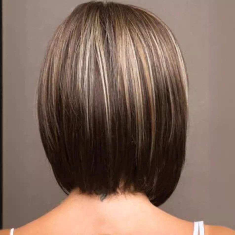 Women's dark brown short straight hair wig middle parted long bangs natural straight hair wig