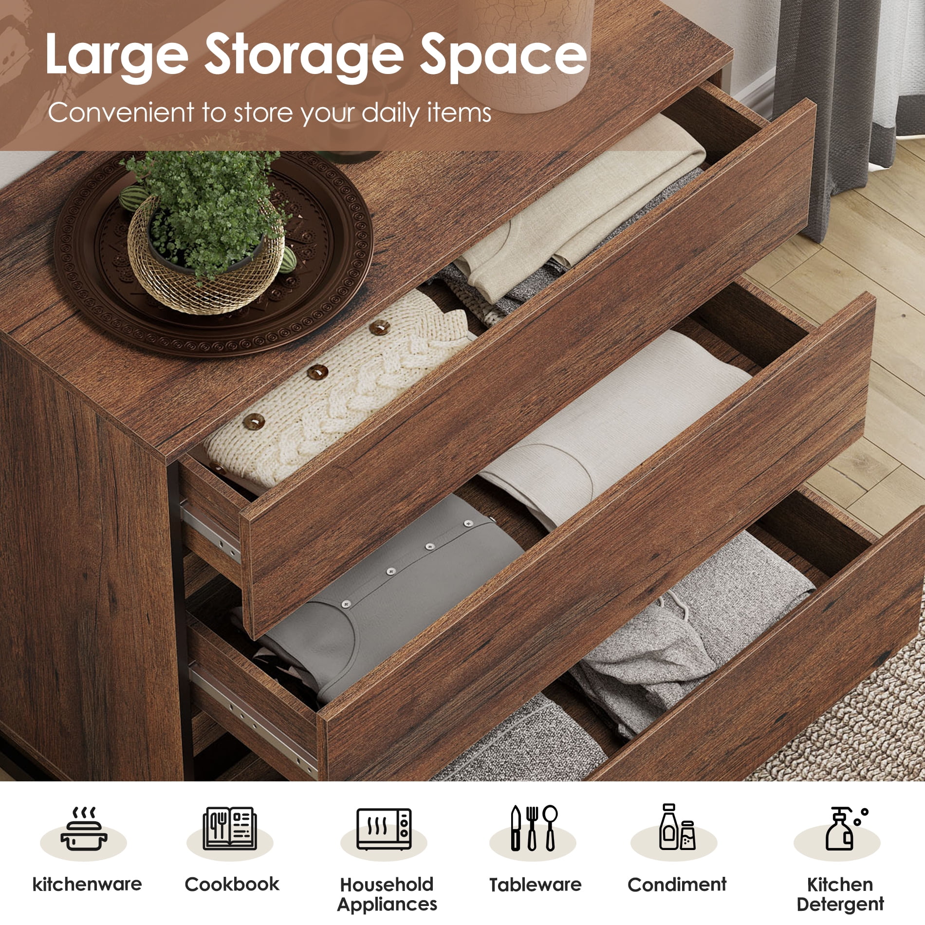 Modern Multifunctional Buffet Sideboard, Storage Cabinet with Hidden Handle & Adjustable Shelves for Home Decor,Brown