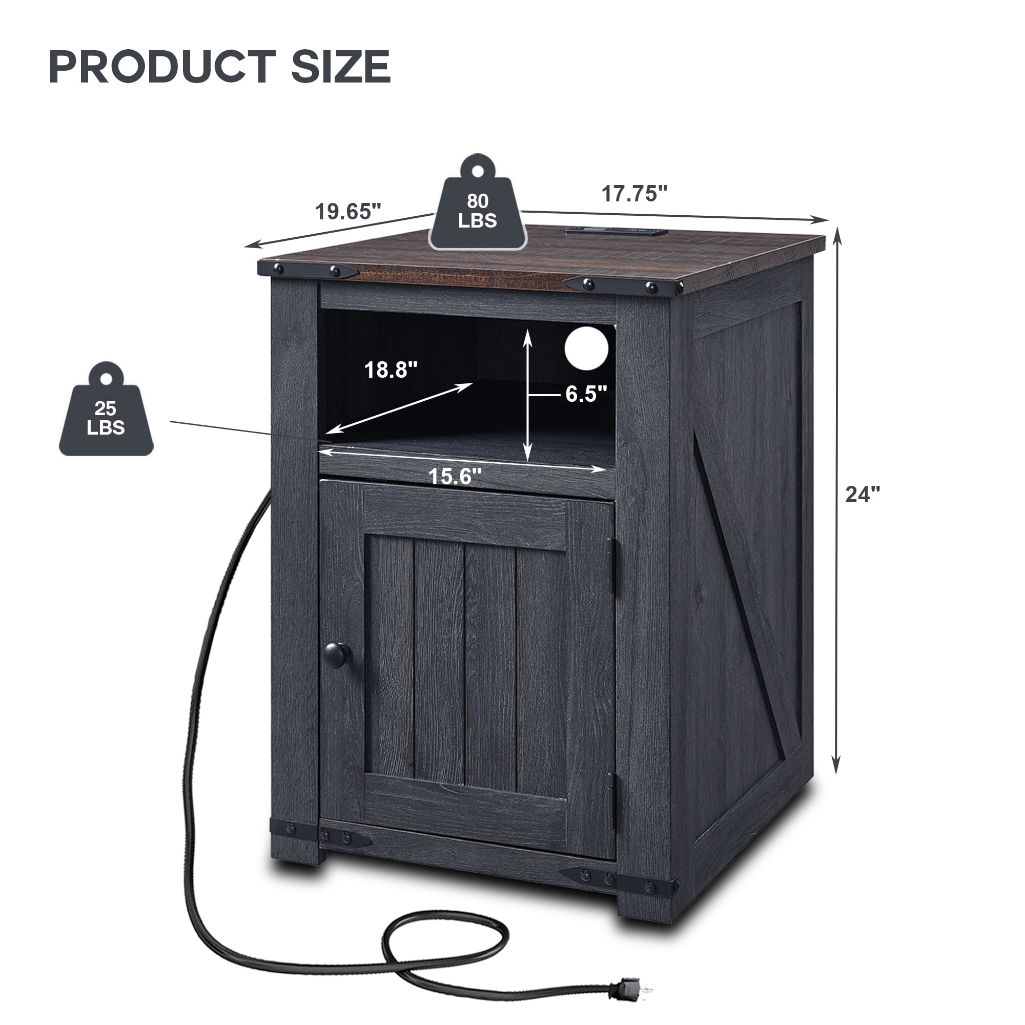Farmhouse Side Table Bedroom Set of 2, Nightstand with Charging Station, End Table Side Table for Bedroom,Living Room