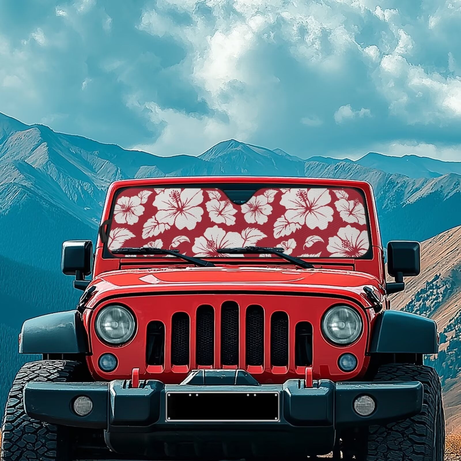 Uorisanigo Windshield Sun Shade Fit for Jeep Wrangler JL 2/4 Door 4XE 2024-2025 & Gladiator JT 2020-2025 Foldable Red Hibiscus Flowers Sun Visor Blocks UV Rays Keep Car Cool